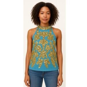 Frances Valentine Sequin Goddess Top in Blue NWT XL blue gold